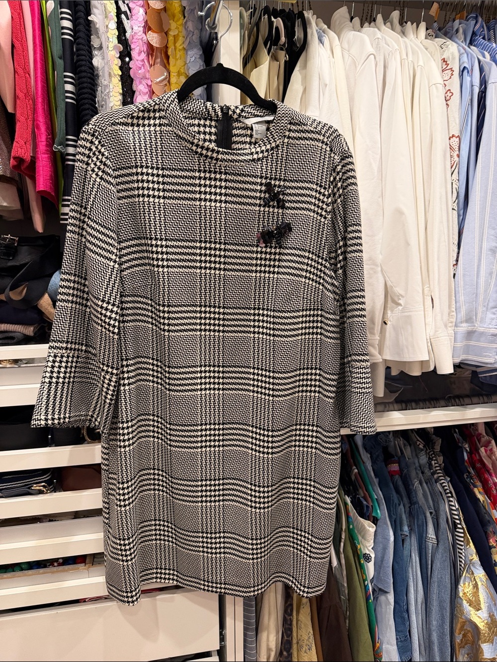 H&M Black and White Plaid Mini Shift Dress with bell 3/4 sleeves